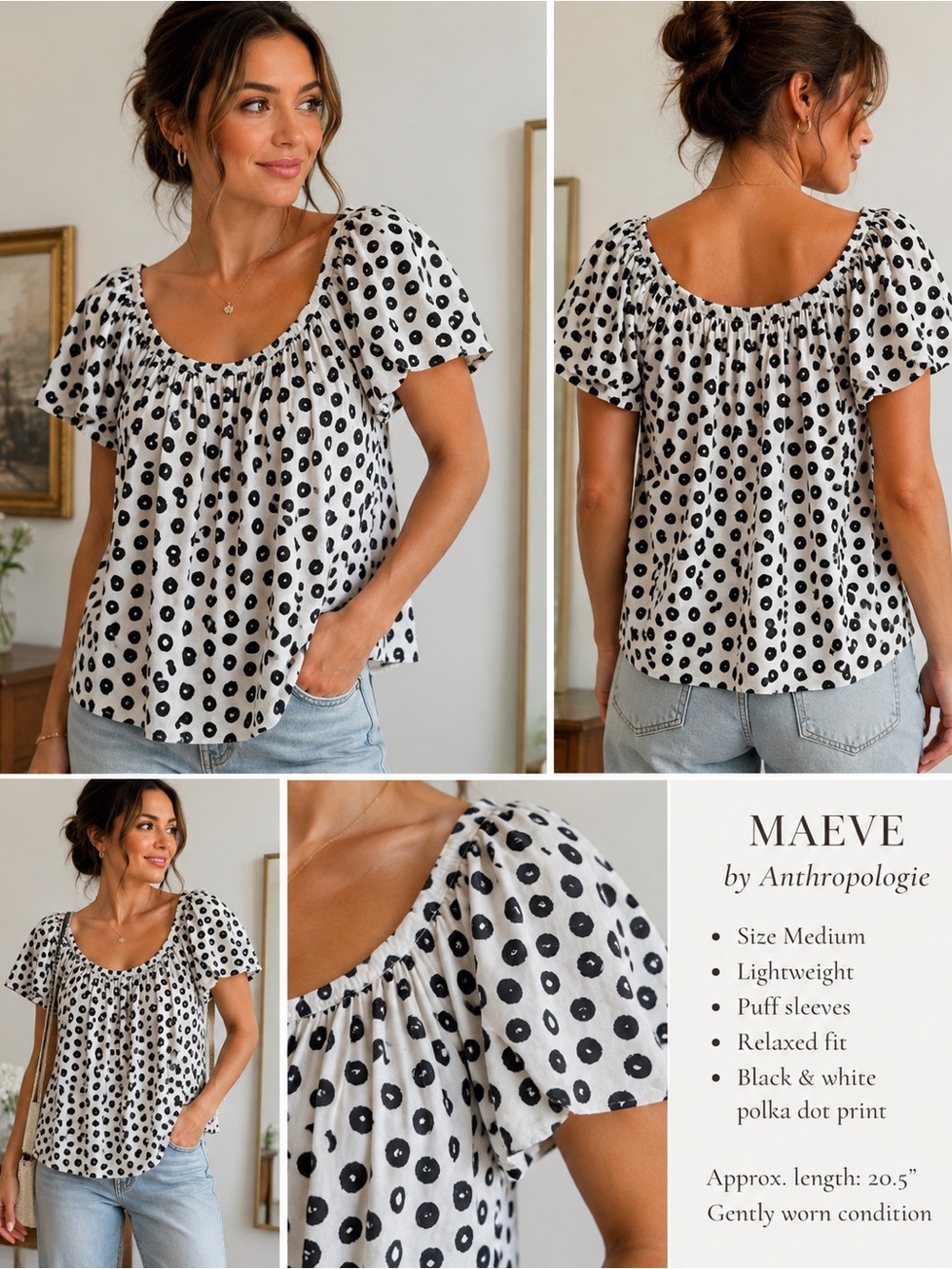 Maeve Anthropologie Polka Dot Peasant Blouse Medium Black White Puff Sleeve Top